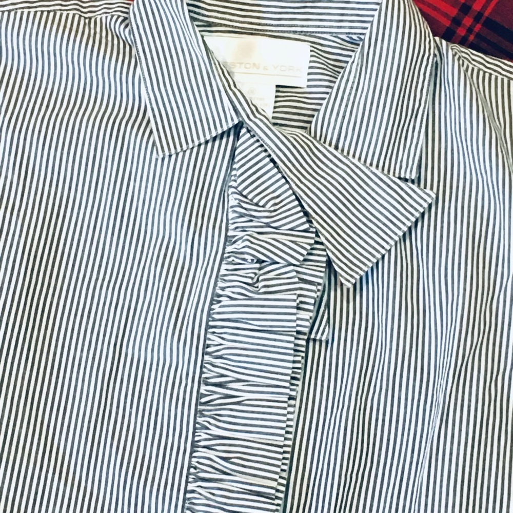 Preston York vintage tuxedo striped blouse shirt top button up down work…
